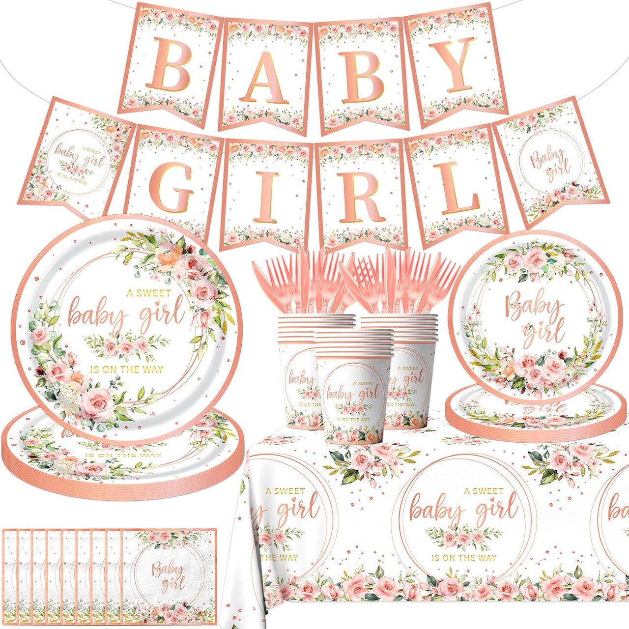 Rose Gold Baby Shower Plates and Napkins Pink Floral Baby Shower Plates Napkins Cups Banner